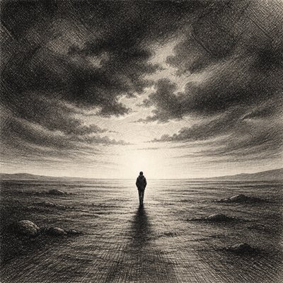 a solitary figure walking toward a glowing horizon across an empty plain, moody atmosphere, no text or lettering