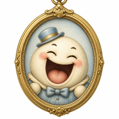 an exaggerated laughing face of an original round mascot character, bold and readable at small size, plain background, no text