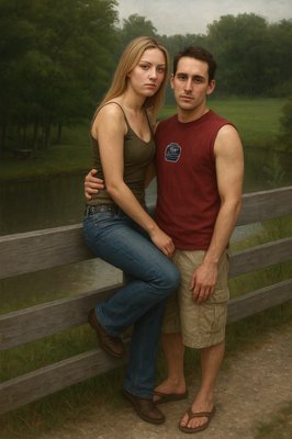 a man and a woman leaning against a fence