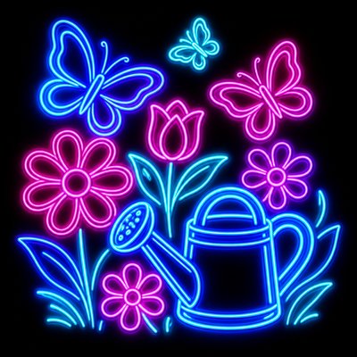 a garden scene with butterflies, flowers and a watering can, clean uncolored line art, no text