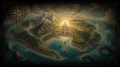 a map of an island realm with mountains, forests, a sheltered bay, sea monsters in the water and a compass rose, no text labels
