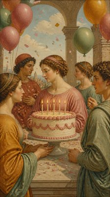 a birthday cake with lit candles surrounded by balloons and confetti, festive vertical composition, no text