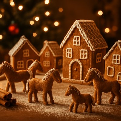 Gingerbread Horse Village on a table beautifully decorated for a Christmas party with  tiny gingerbread horses, little houses made of cookie and icing, warm golden bakery glow, cinnamon and molasses textures, holiday whimsy, soft shadowing, charming handcrafted style, cinematic close-up composition