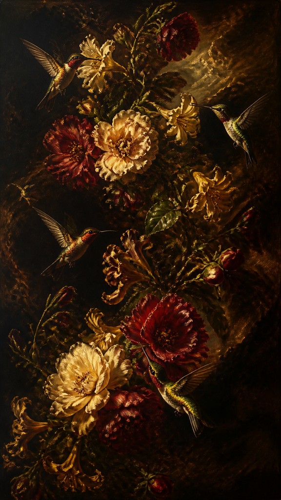 a climbing vine of flowers and hummingbirds on a dark background, tall wrapping composition, no text