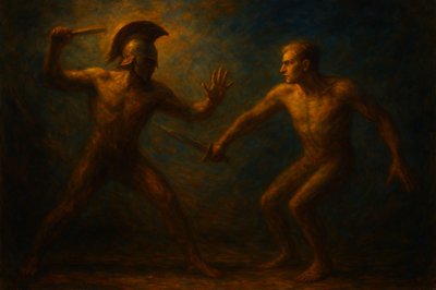 a painting of two men fighting with each other