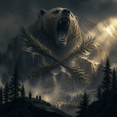 a roaring bear head above crossed pine branches, bold graphic composition on a plain background, no text