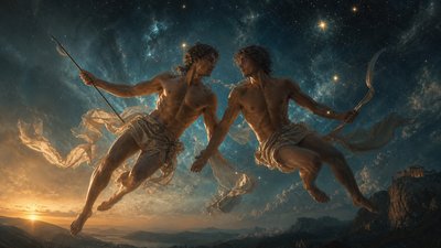 greek illustration depicting ignudi twin Gemini brothers flying in the night sky with bright stars