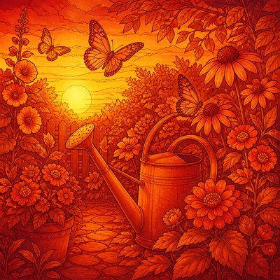 a garden scene with butterflies, flowers and a watering can, clean uncolored line art, no text