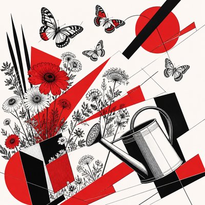 a garden scene with butterflies, flowers and a watering can, clean uncolored line art, no text