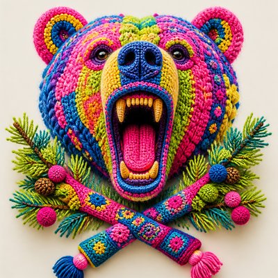 a roaring bear head above crossed pine branches, bold graphic composition on a plain background, no text