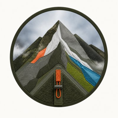 an emblem of a mountain peak inside a circle, simple bold shapes on a plain background, no text or lettering