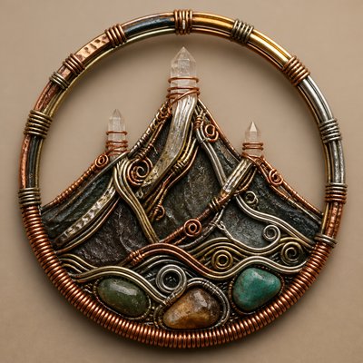 an emblem of a mountain peak inside a circle, simple bold shapes on a plain background, no text or lettering