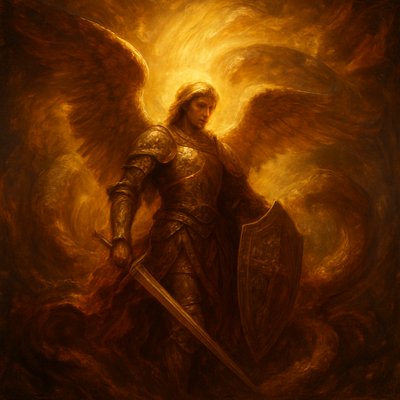 An Angel of God standing with full armor, sword, and shield, with massive wings, in front of a great serpent 