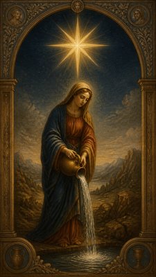 a robed figure pouring water beneath a large eight-pointed star in a night sky, symmetrical composition with an ornate decorative border, no text