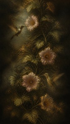 a climbing vine of flowers and hummingbirds on a dark background, tall wrapping composition, no text