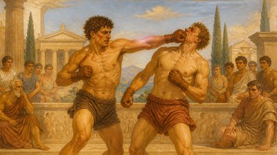 two ancient greek boxers striking one another