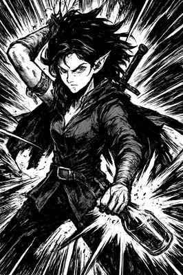a black and white drawing of a woman holding a sword
