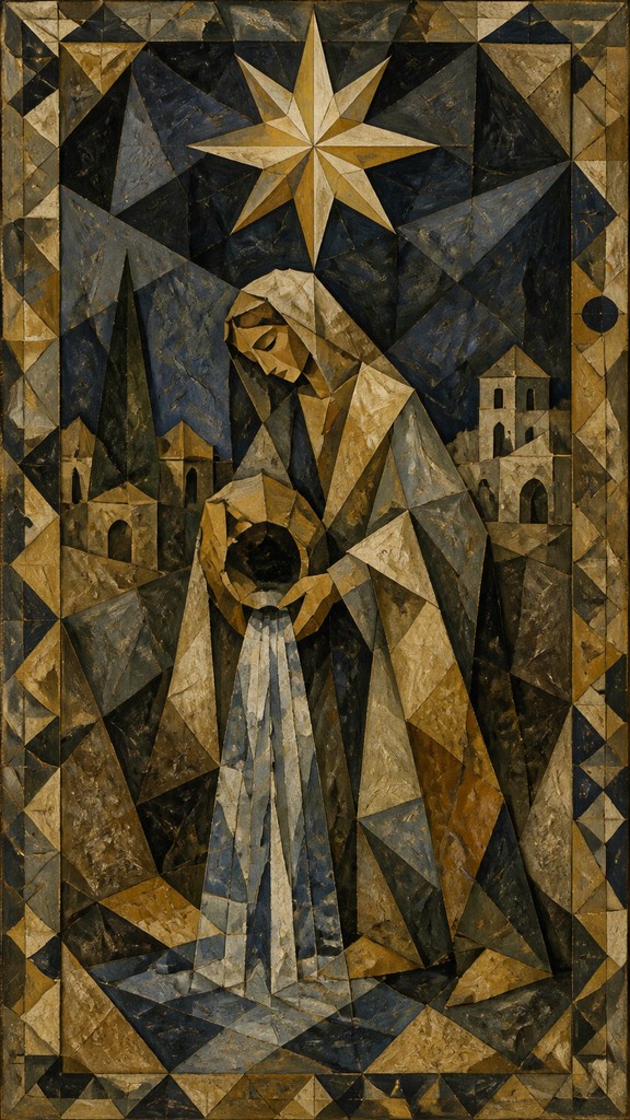 a robed figure pouring water beneath a large eight-pointed star in a night sky, symmetrical composition with an ornate decorative border, no text