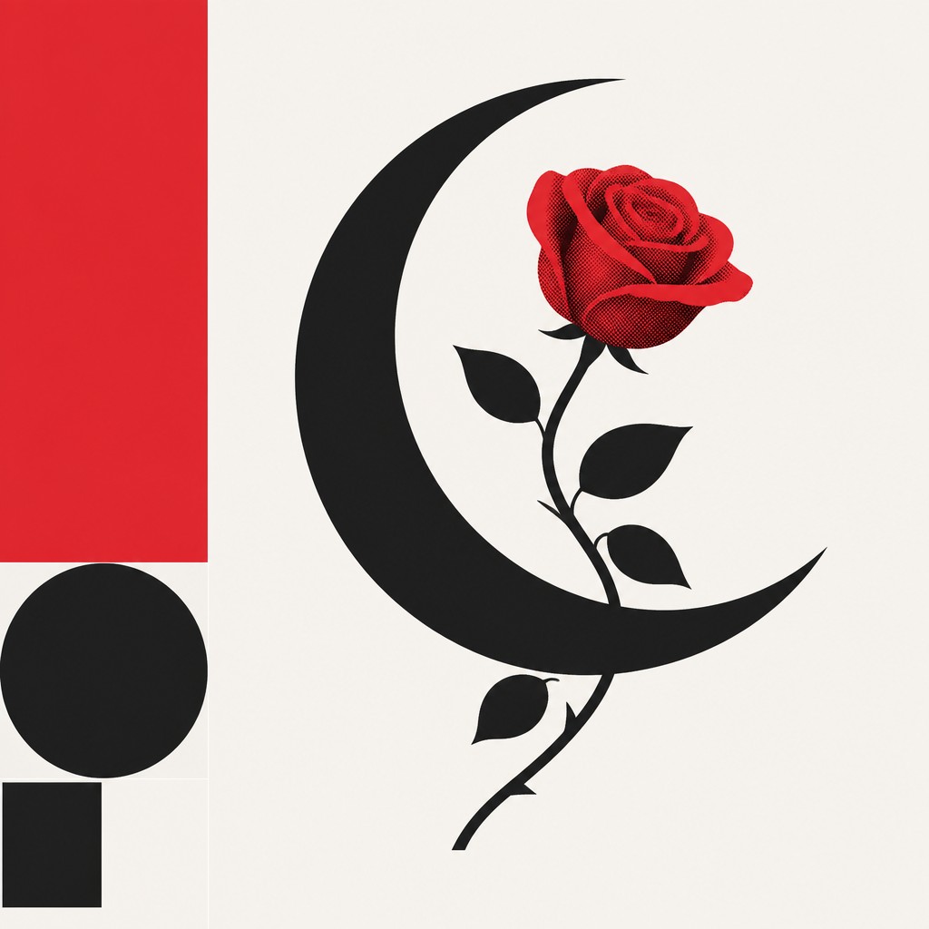 a rose entwined with a crescent moon, clean balanced composition on a plain background, no text