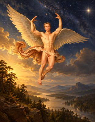 a painting of a man with wings in the air