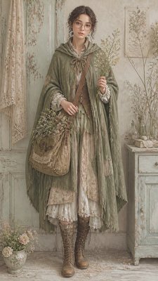 full-body original character: a wandering botanist with a satchel of plants, a patched green cloak, tall boots and round glasses, neutral background