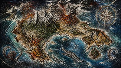 a map of an island realm with mountains, forests, a sheltered bay, sea monsters in the water and a compass rose, no text labels