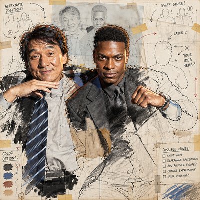 a painting of two men in front of a poster