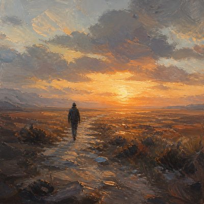 a solitary figure walking toward a glowing horizon across an empty plain, moody atmosphere, no text or lettering