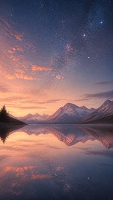 a tranquil mountain lake beneath a starry night sky, no people, no text