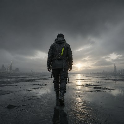 a solitary figure walking toward a glowing horizon across an empty plain, moody atmosphere, no text or lettering