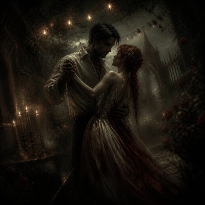 an original couple dancing under string lights in a garden at dusk: a man with short black hair in a linen shirt and a woman with braided red hair in a summer dress