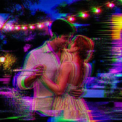 an original couple dancing under string lights in a garden at dusk: a man with short black hair in a linen shirt and a woman with braided red hair in a summer dress