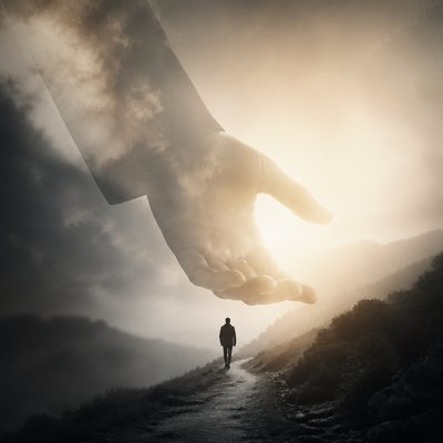 Thou knowest my downsitting and mine uprising, thou understandest my thought afar off.

Even there shall thy hand lead me, and thy right hand shall hold me.
Combine these thoughts into one picture without using words. 