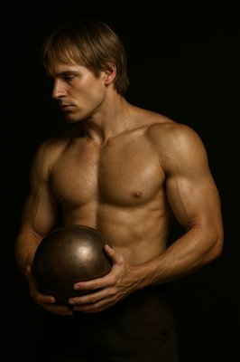 a shirtless man holding a ball in his hands