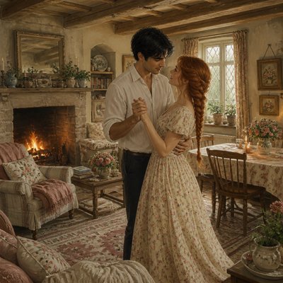 an original couple dancing under string lights in a garden at dusk: a man with short black hair in a linen shirt and a woman with braided red hair in a summer dress
