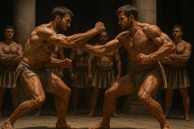 a group of men standing next to each other in front of pillars