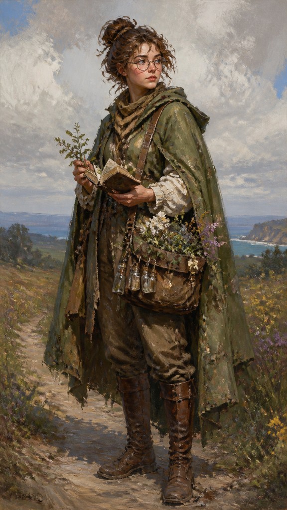 full-body original character: a wandering botanist with a satchel of plants, a patched green cloak, tall boots and round glasses, neutral background