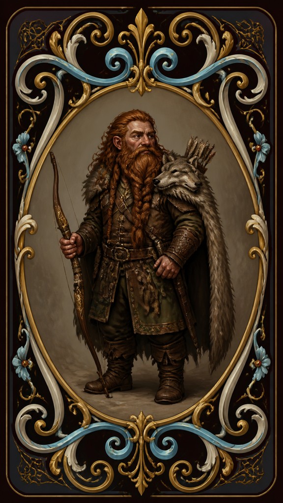 full-body original character: a dwarven ranger with a braided auburn beard, worn leather armor, a longbow and a wolf-pelt cloak, neutral background, no text