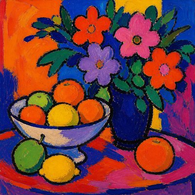 still life arrangement of fruits and flowers