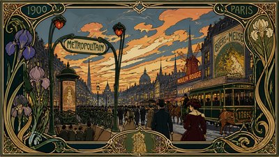 bustling city street panorama at dusk
