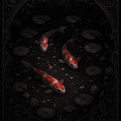 A koi pond seen from above, orange and white koi fish swimming among lily pads, clear water with subtle ripples, fallen cherry blossom petals floating on the surface, dappled sunlight