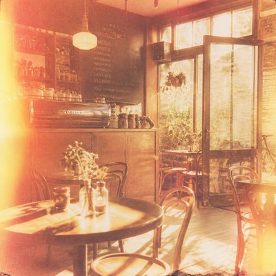 cozy cafe interior with warm lighting