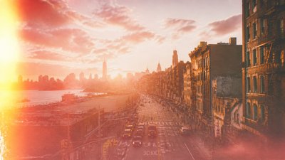 bustling city street panorama at dusk