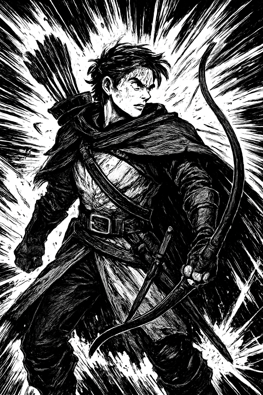 a black and white drawing of a man with a bow