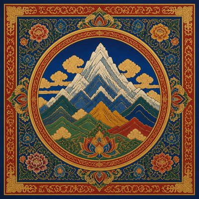 an emblem of a mountain peak inside a circle, simple bold shapes on a plain background, no text or lettering