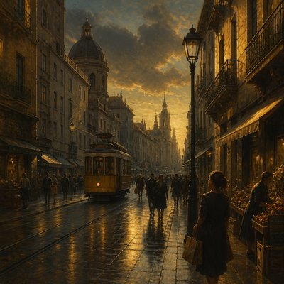urban street with city activity — Renaissance Art Style
