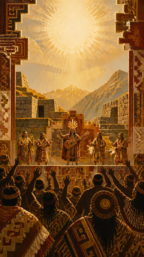a live music scene with a glowing stage and silhouetted crowd, energetic vertical composition with open space at the top, no text