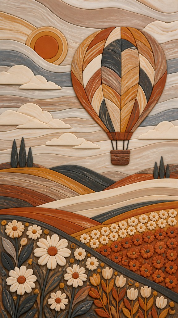 a hot air balloon drifting over rolling flower fields on a sunny day, cheerful, no text