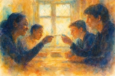 a painting of a group of people sitting around a table