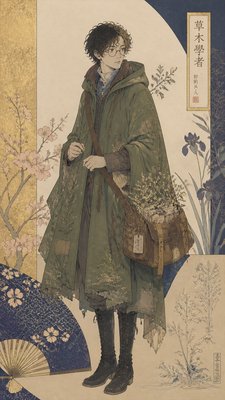 full-body original character: a wandering botanist with a satchel of plants, a patched green cloak, tall boots and round glasses, neutral background
